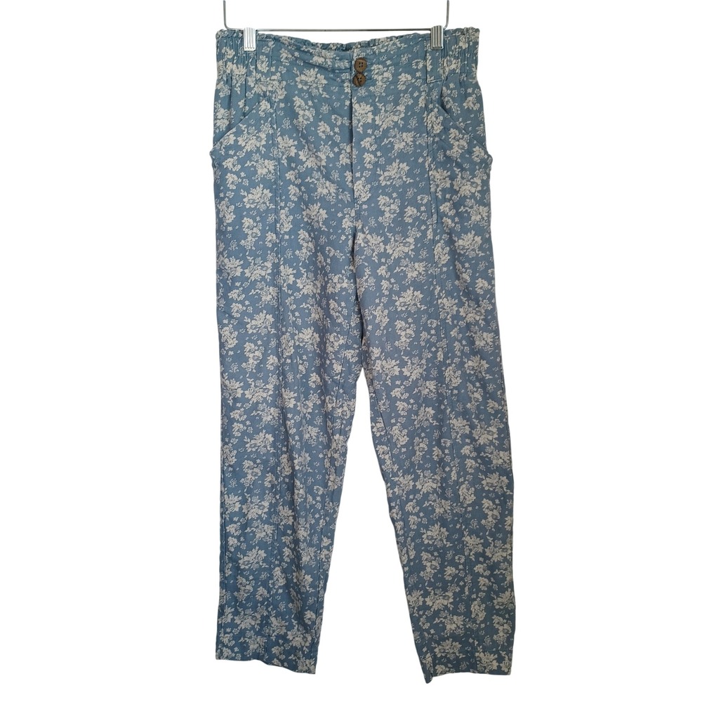 SO Goods For Life Womens Blue Floral Linen Blend High Rise Tapered Pants Size M